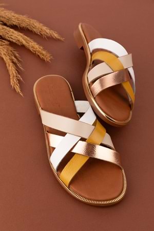 Gondol Kadın Hakiki Deri Renkli Kombin Vaketa Terlik ayh.734 - Bej Kombin - 41