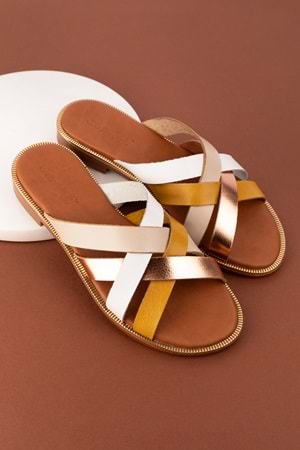 Gondol Kadın Hakiki Deri Renkli Kombin Vaketa Terlik ayh.734 - Bej Kombin - 41