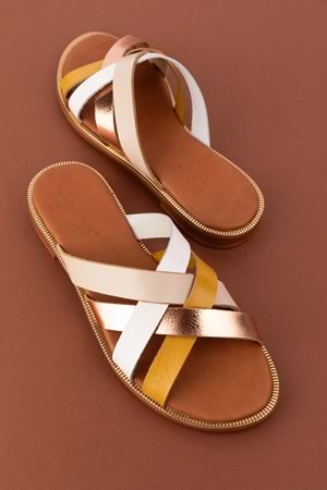 Gondol Kadın Hakiki Deri Renkli Kombin Vaketa Terlik ayh.734 - Bej Kombin - 41