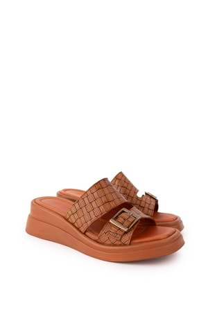 Gondol Kadın Hakiki Deri Dolgu Topuk Günlük Şık Terlik ayh.1120 - Taba - 40