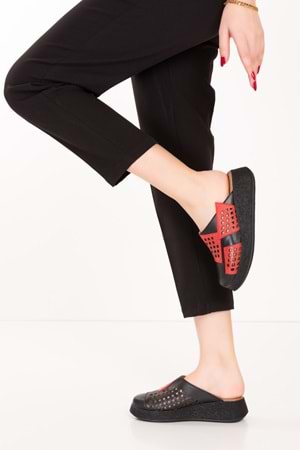 Gondol Hakiki Deri Lazer Kesim Dolgu Taban Günlük Terlik mlk.3229 - Siyah Kırmızı - 36