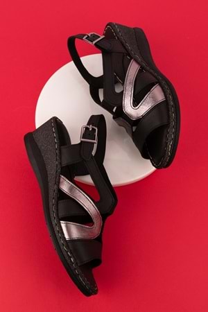 Gondol Kadın Hakiki Deri Günlük Rahat Günlük Sandalet iz.2504 - Siyah Kombin - 40