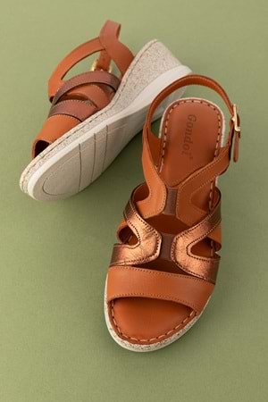 Gondol Kadın Hakiki Deri Günlük Rahat Günlük Sandalet iz.2504 - Taba Kombin - 37