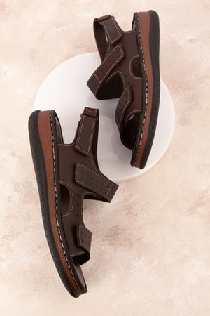 Gondol Unisex Hakiki Deri Cırtlı Ayarlanabilir Rahat Sandalet hkm.31 - Kahverengi - 42