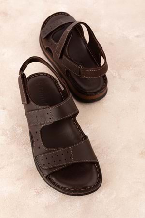 Gondol Unisex Hakiki Deri Cırtlı Ayarlanabilir Rahat Sandalet hkm.31 - Kahverengi - 42