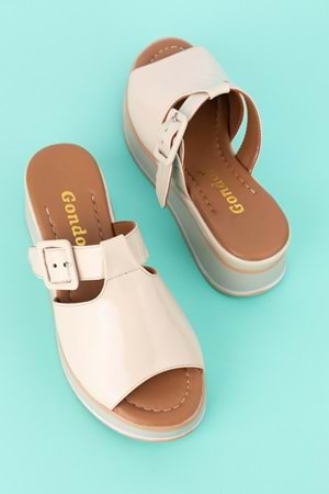 Gondol Kadın Hakiki Deri Platform Tabanlı Renkli Terlik mlk.5224 - Bej Rugan - 39