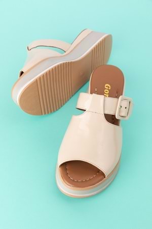 Gondol Kadın Hakiki Deri Platform Tabanlı Renkli Terlik mlk.5224 - Bej Rugan - 39