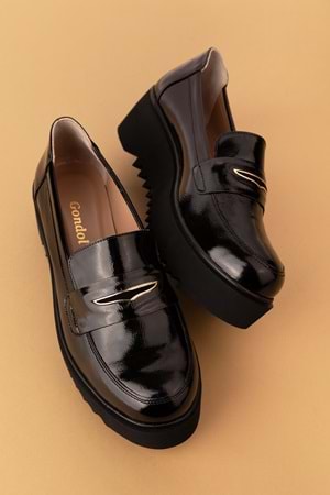 Gondol Hakiki Deri Dolgu Topuklu Şık Ayakkabı ast.8401 - siyah rugan - 40