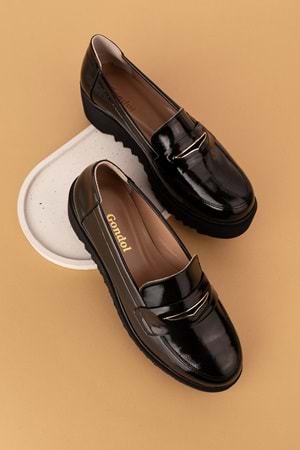 Gondol Hakiki Deri Dolgu Topuklu Şık Ayakkabı ast.8401 - siyah rugan - 40