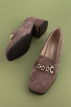 Gondol Hakiki Deri Kısa Topuklu Tokalı Şık Topuklu vdt.143 - Vizon Süet - 36