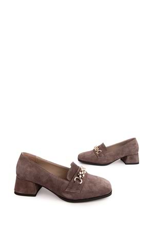 Gondol Hakiki Deri Kısa Topuklu Tokalı Şık Topuklu vdt.143 - Vizon Süet - 36