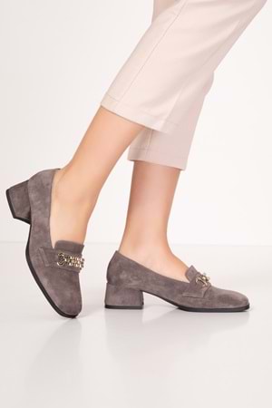 Gondol Hakiki Deri Kısa Topuklu Tokalı Şık Topuklu vdt.143 - Vizon Süet - 39