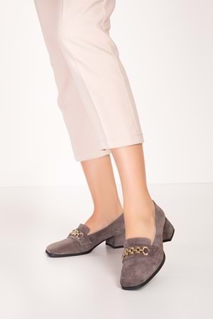 Gondol Hakiki Deri Kısa Topuklu Tokalı Şık Topuklu vdt.143 - Vizon Süet - 39