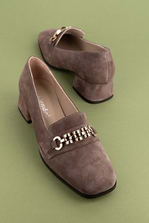 Gondol Hakiki Deri Kısa Topuklu Tokalı Şık Topuklu vdt.143 - Vizon Süet - 39