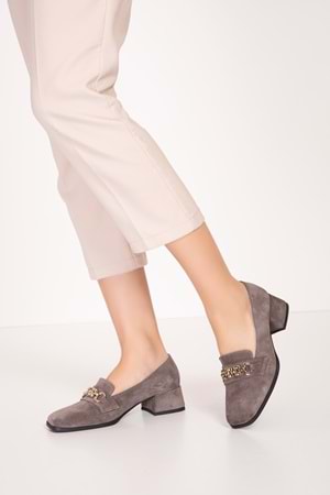 Gondol Hakiki Deri Kısa Topuklu Tokalı Şık Topuklu vdt.143 - Vizon Süet - 39