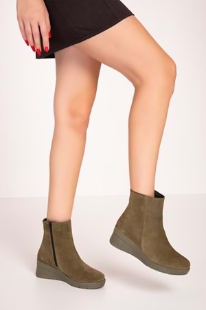 Gondol Kadın Hakiki Deri Kaymaz Taban Dolgu Topuk Bot elnr.5916 - Haki Süet - 38