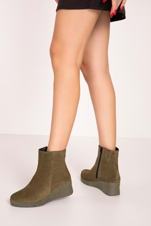 Gondol Kadın Hakiki Deri Kaymaz Taban Dolgu Topuk Bot elnr.5916 - Haki Süet - 38