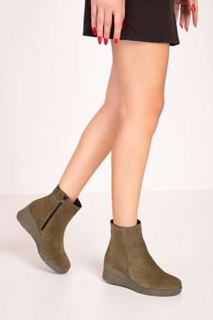 Gondol Kadın Hakiki Deri Kaymaz Taban Dolgu Topuk Bot elnr.5916 - Haki Süet - 38