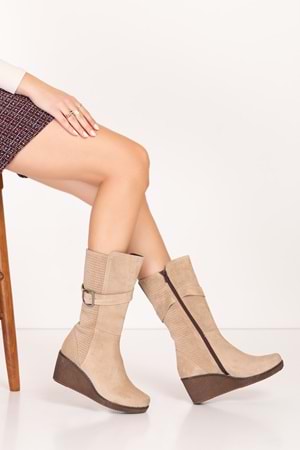 Gondol Hakiki Deri Dolgu Topuklu Günlük Çizme ell.7063 - Bej Süet - 39