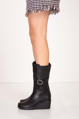 Gondol Hakiki Deri Dolgu Topuklu Günlük Çizme ell.7063 - Siyah Cilt - 34