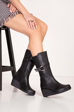 Gondol Hakiki Deri Dolgu Topuklu Günlük Çizme ell.7063 - Siyah Cilt - 34