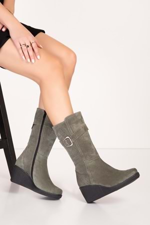 Gondol Hakiki Deri Dolgu Topuklu Günlük Çizme ell.7063 - Haki Süet - 35