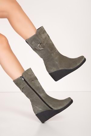 Gondol Hakiki Deri Dolgu Topuklu Günlük Çizme ell.7063 - Haki Süet - 35