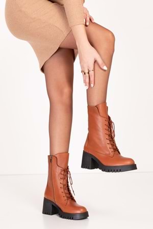 Gondol Hakiki Deri Kalın Topuklu Kauçuk Taban Şık Bot bel.1554 - Taba - 37