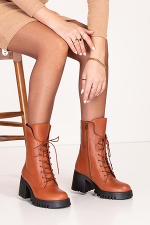 Gondol Hakiki Deri Kalın Topuklu Kauçuk Taban Şık Bot bel.1554 - Taba - 37