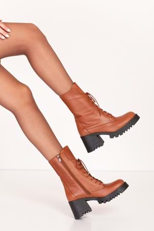 Gondol Hakiki Deri Kalın Topuklu Kauçuk Taban Şık Bot bel.1554 - Taba - 37