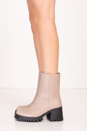 Gondol Hakiki Deri Kalın Topuklu Kauçuk Taban Sade Şık Bot bel.1546 - Bej - 37