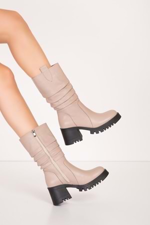 Gondol Hakiki Deri Büzgülü Topuklu Çizme bel.1548 - Bej - 37