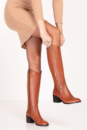 Gondol Hakiki Deri Klasik Topuklu Çizme bel.1667 - Taba - 37