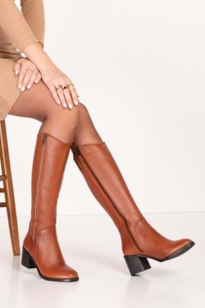 Gondol Hakiki Deri Klasik Topuklu Çizme bel.1667 - Taba - 37