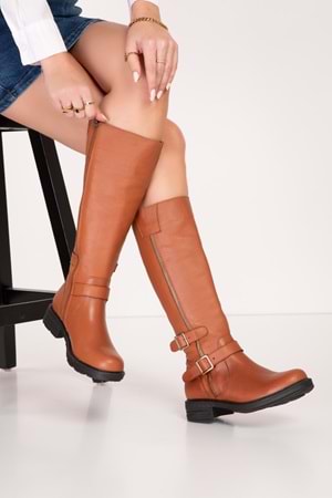 Gondol Hakiki Deri Günlük Şık Toka Detaylı Çizme bel.1505 - Taba - 36