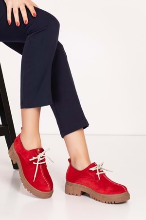 Gondol Hakiki Deri Günlük Kalın Taban Ayakkabı bel.455 - Kırmızı Süet - 39