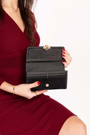 Gondol Çok Gözlü Kullanışlı Şık Cüzdan gp.1489 - Siyah Kumaş - TEK EBAT