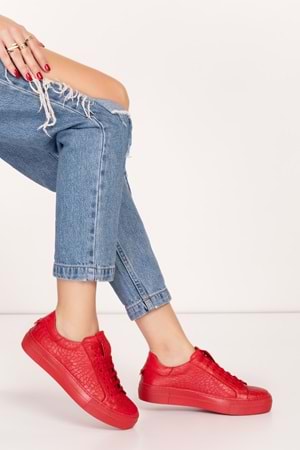 Gondol Hakiki Deri Anatomik Taban Spor Ayakkabı alsx.1352 - Kırmızı Croco - 39