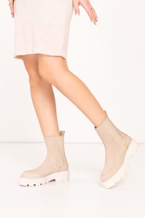 Gondol Kadın Hakiki Deri Yanları Lastikli Şık Bot wst.2301 - Bej Nubuk - 36