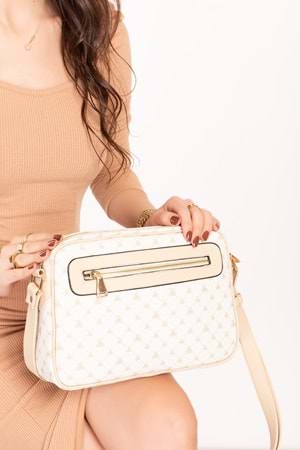 Gondol Kadın Çapraz Sade Şık Günlük Çanta ysm.1682 - Bej Yazı - TEK EBAT