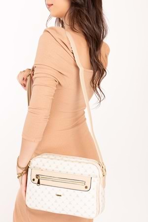 Gondol Kadın Çapraz Sade Şık Günlük Çanta ysm.1682 - Bej Yazı - TEK EBAT