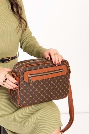 Gondol Kadın Çapraz Sade Şık Günlük Çanta ysm.1682 - Kahve Yazı - TEK EBAT