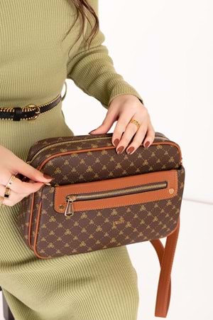 Gondol Kadın Çapraz Sade Şık Günlük Çanta ysm.1682 - Kahve Yazı - TEK EBAT