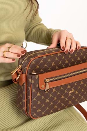 Gondol Kadın Çapraz Sade Şık Günlük Çanta ysm.1682 - Kahve Yazı - TEK EBAT