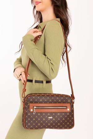 Gondol Kadın Çapraz Sade Şık Günlük Çanta ysm.1682 - Kahve Yazı - TEK EBAT