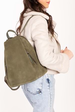 Gondol Hakiki Deri Günlük Sırt Çantası ysm.2043 - Haki Süet - TEK EBAT