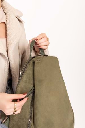 Gondol Hakiki Deri Günlük Sırt Çantası ysm.2043 - Haki Süet - TEK EBAT