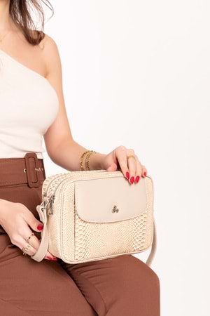 Gondol Yılan Deri Baskılı Şık Omuz Çanta ysm.1984 - Bej Croco - TEK EBAT