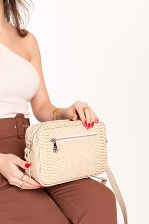 Gondol Yılan Deri Baskılı Şık Omuz Çanta ysm.1984 - Bej Croco - TEK EBAT