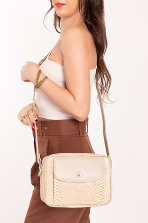 Gondol Yılan Deri Baskılı Şık Omuz Çanta ysm.1984 - Bej Croco - TEK EBAT